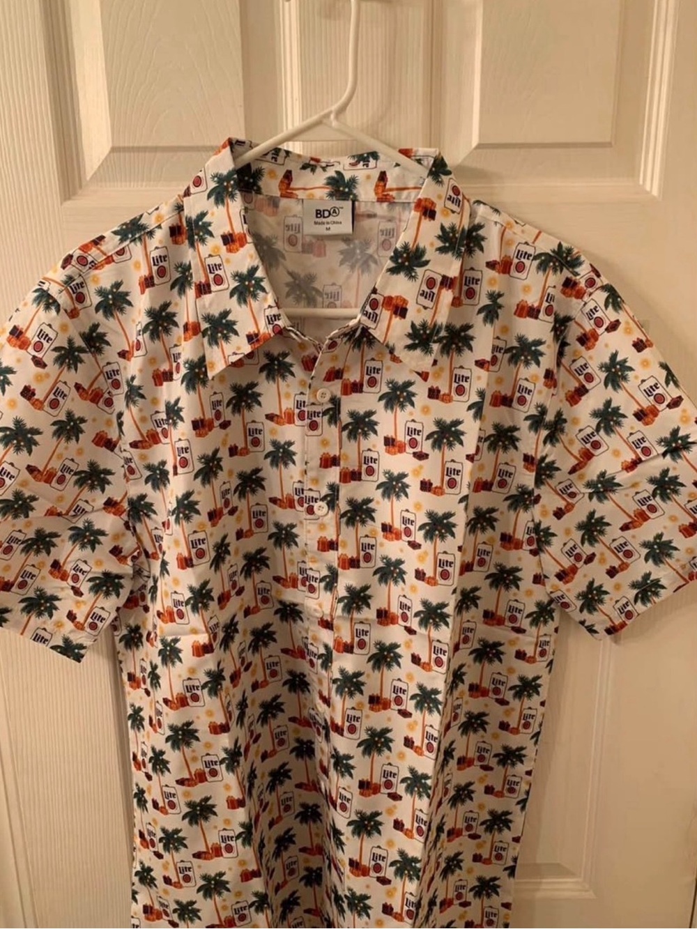 Miller Lite Short-Sleeve Button-Down Shirt with Green Palm & Orange Drink Print